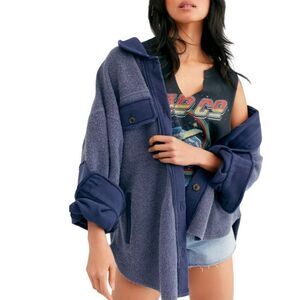 Free People Ruby Oversized Shirt Jacket Shacket M Fleece Elbow Patch Navy